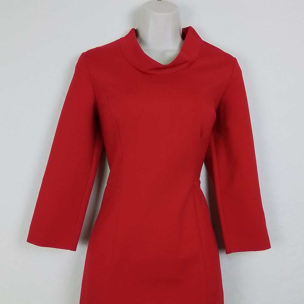 Talbots Red Sheath Dress 2 Heavy Thick‎ Cowl Neck 3/4 Sleeve Workwear Career - Picture 2 of 13